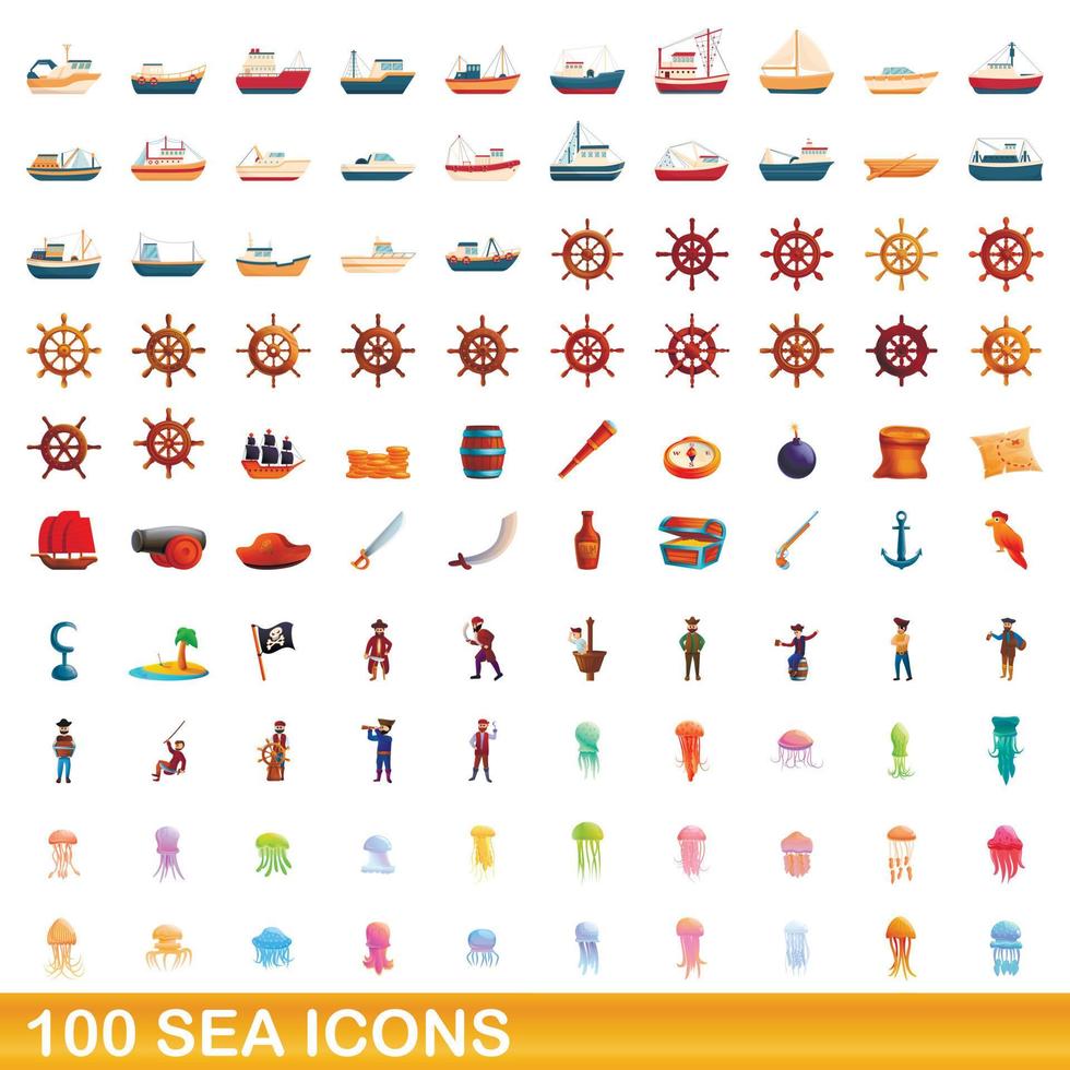 100 mar, conjunto de iconos de estilo de dibujos animados vector