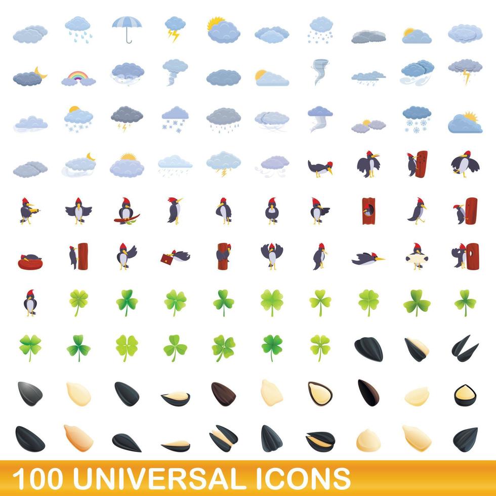 100 iconos universales, estilo de dibujos animados vector