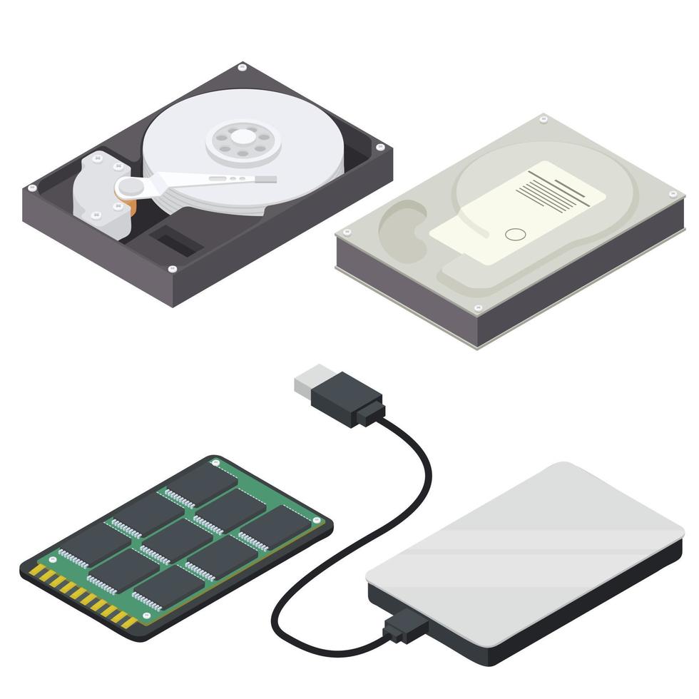 Hard disk icons set, isometric style vector