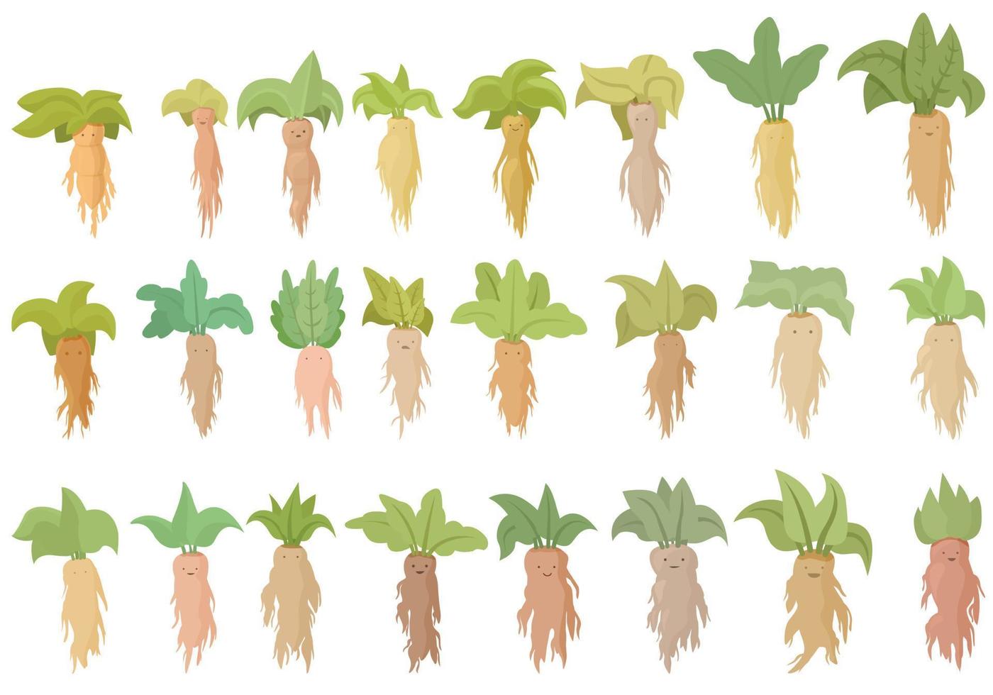 Mandrake icons set cartoon vector. Alchemy ancient vector