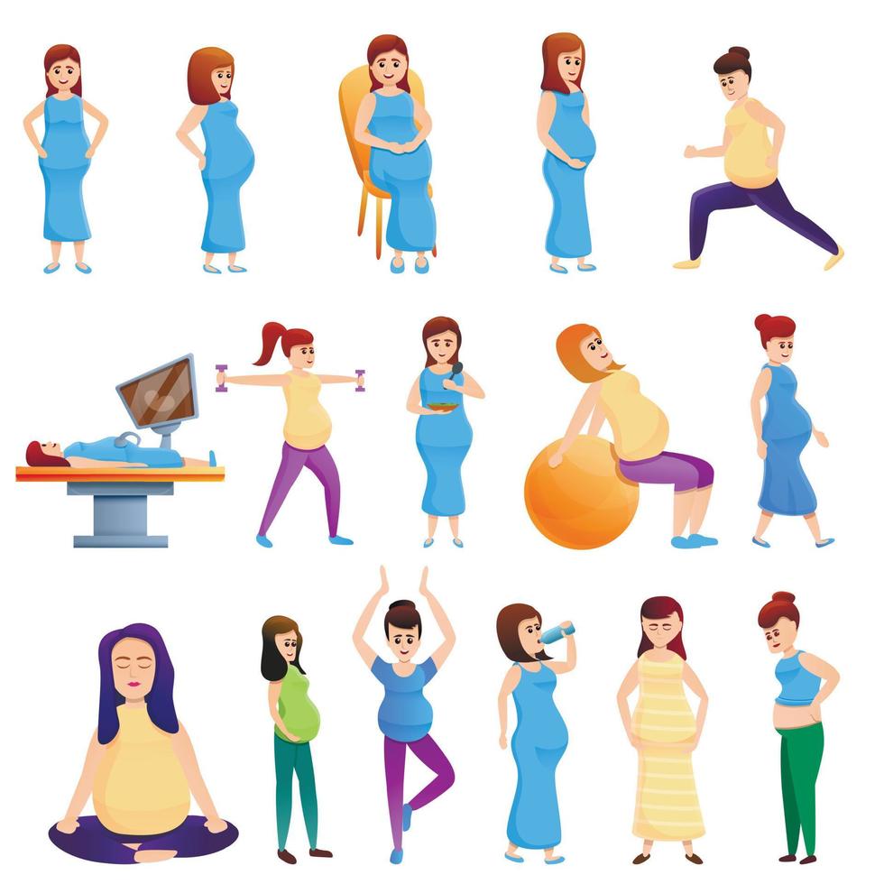 Pregnant icons set, cartoon style vector