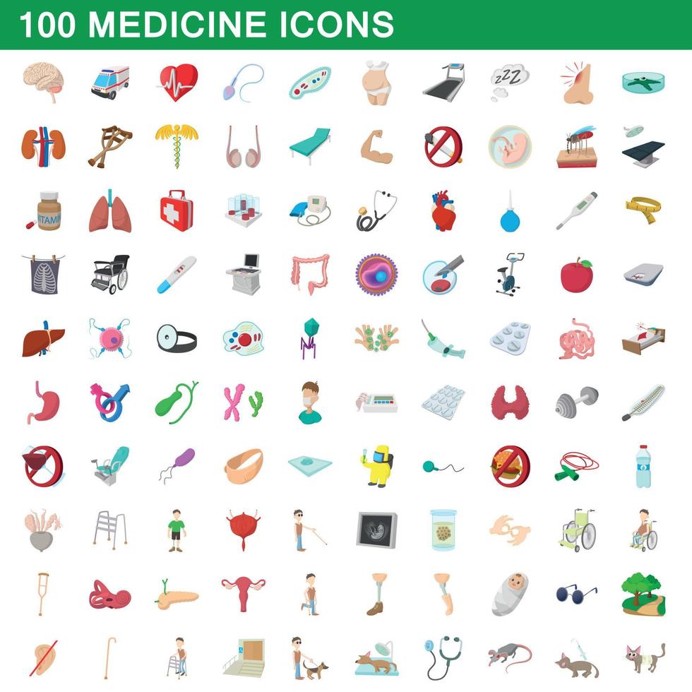 100 medicine icons set, cartoon style vector