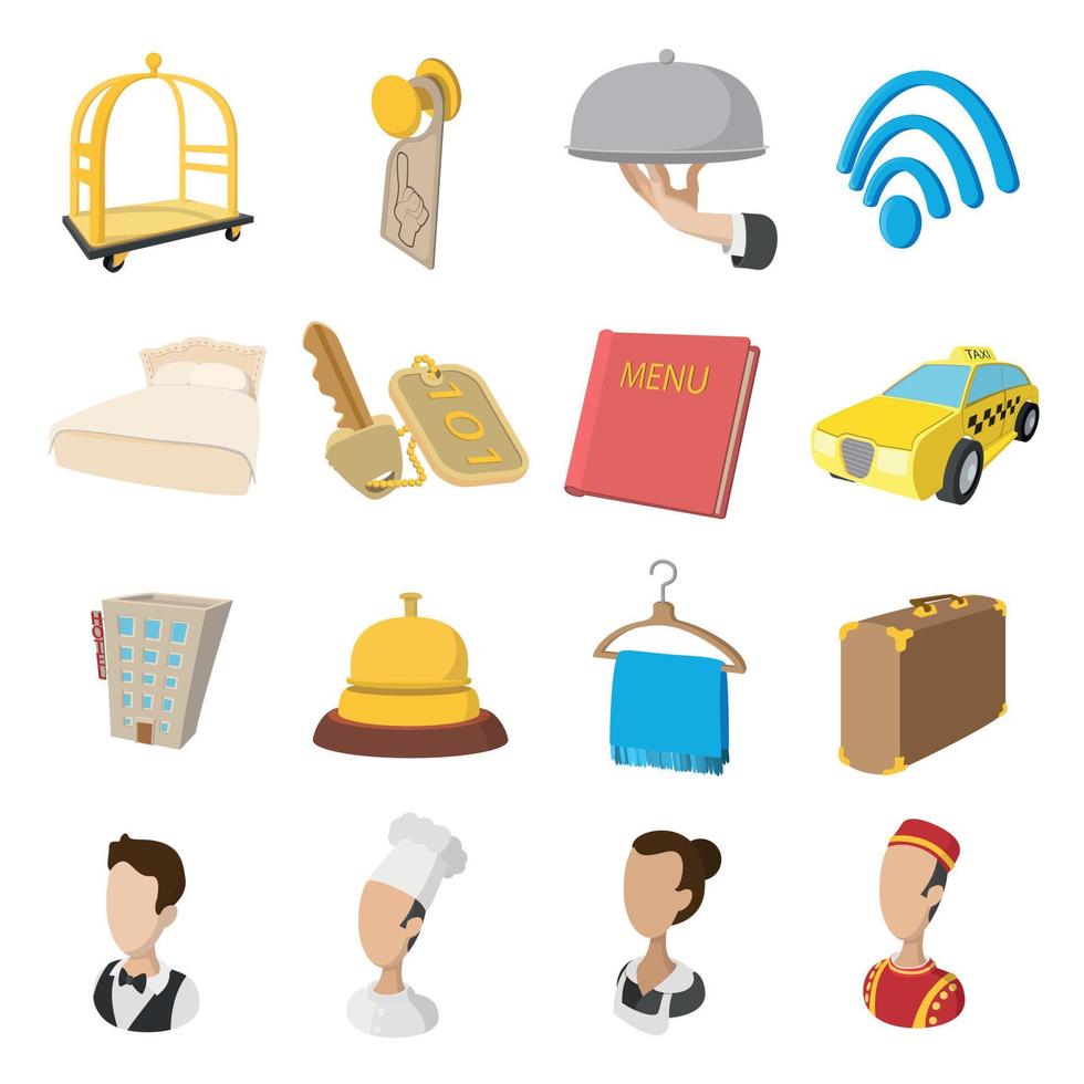 Hotel cartoon style icons set vector