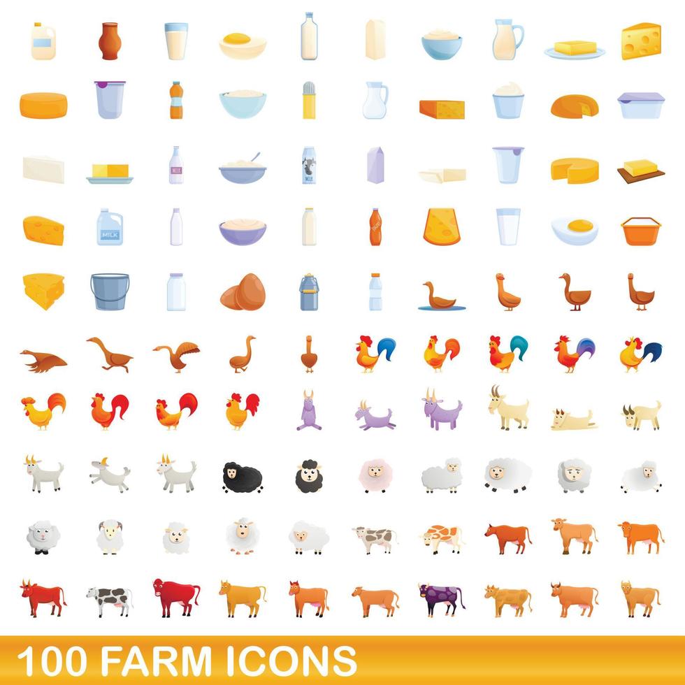 100 farm icons set, cartoon style vector