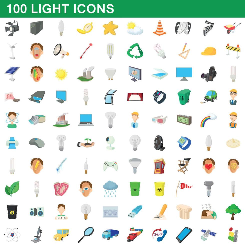 100 light icons set, cartoon style vector
