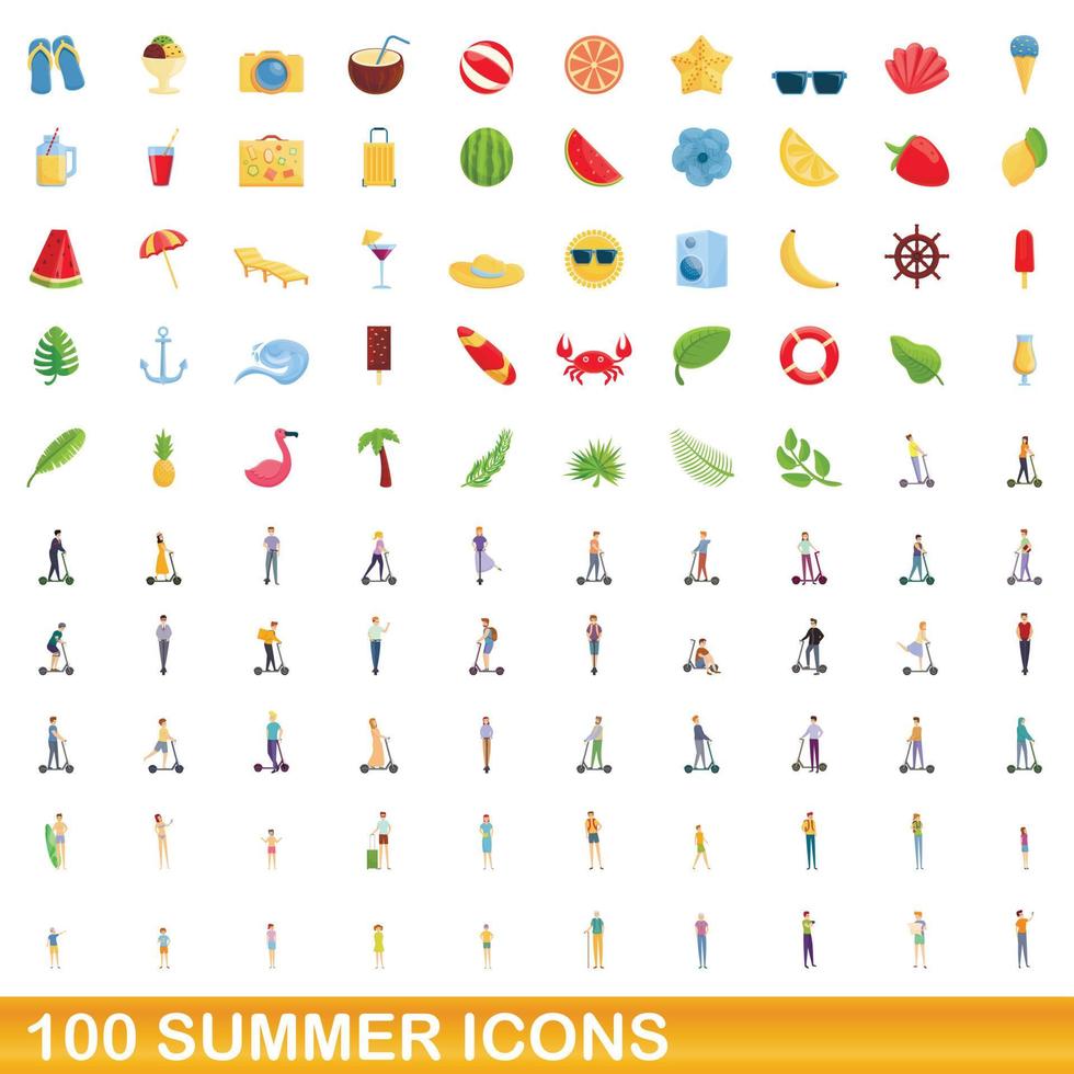 100 summer icons set, cartoon style vector