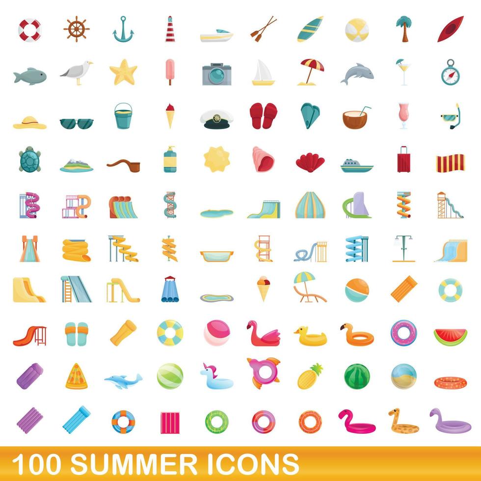 100 summer icons set, cartoon style vector