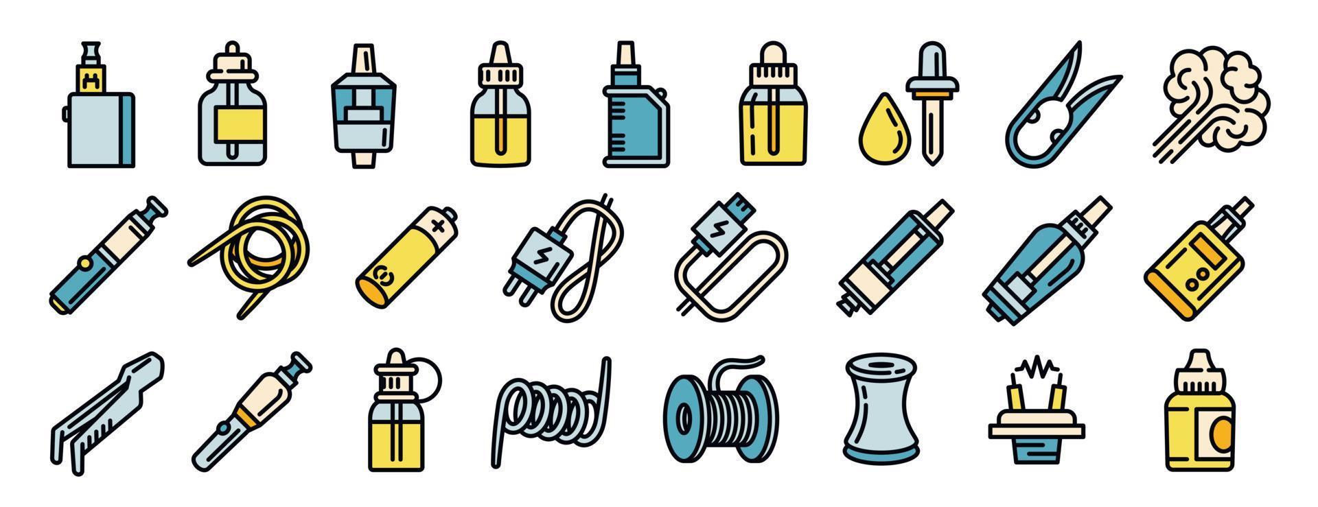 conjunto de iconos de cigarrillos electrónicos, estilo de esquema vector