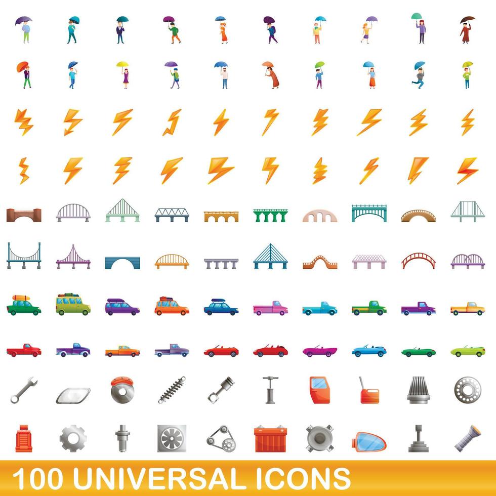 100 universal icons set, cartoon style vector