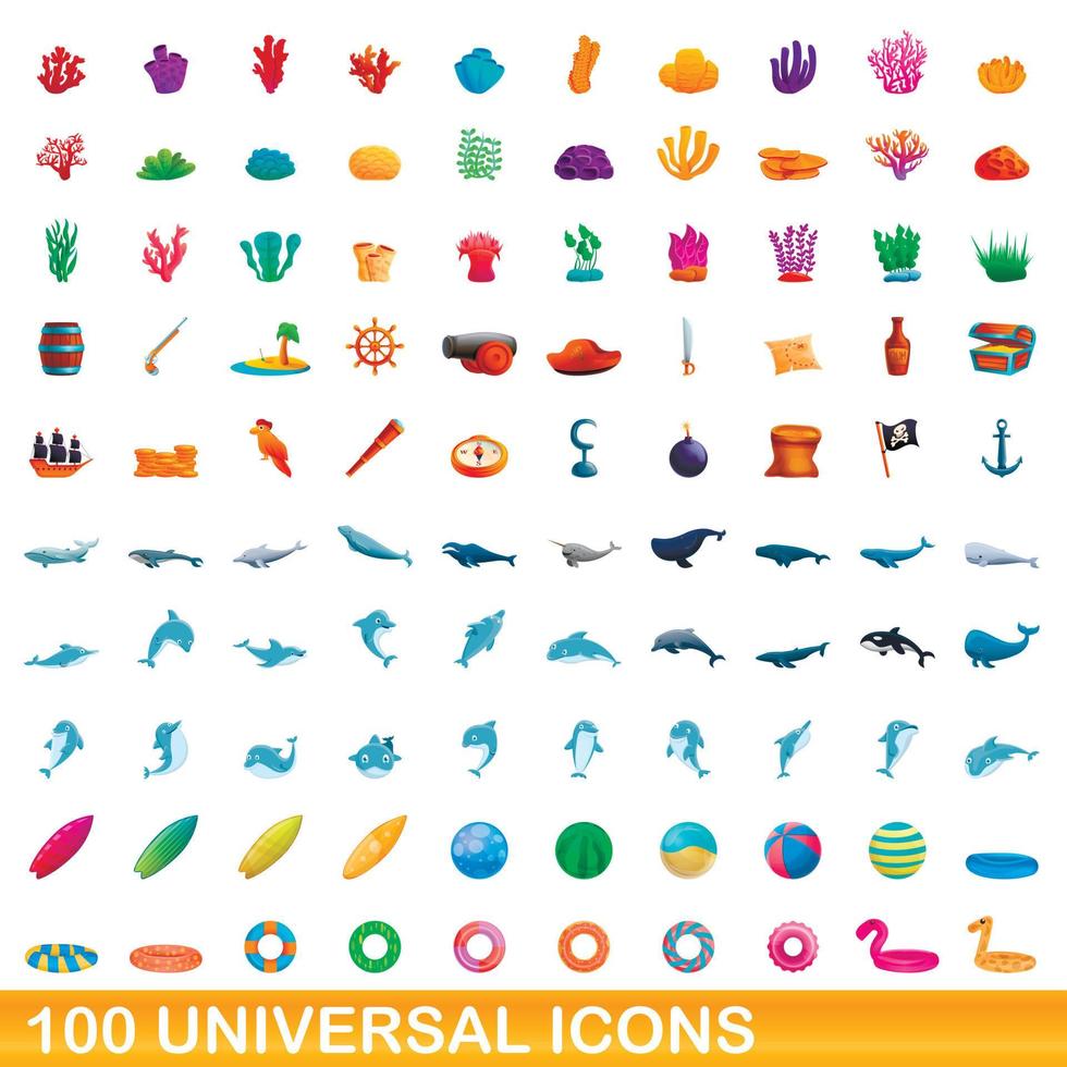 100 universal icons set, cartoon style vector