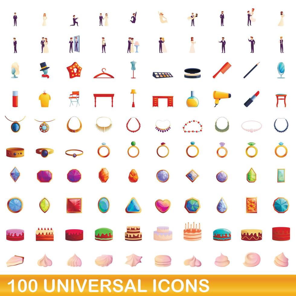 100 iconos universales, estilo de dibujos animados vector