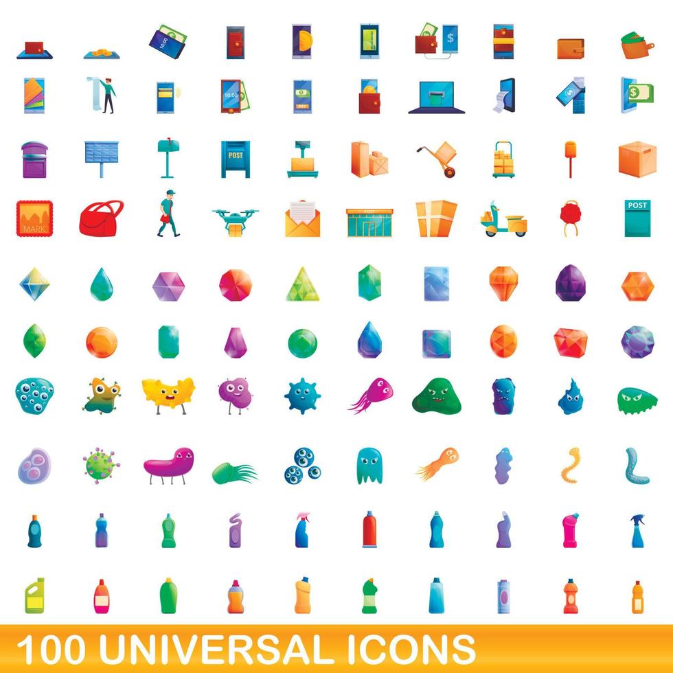 100 universal icons set, cartoon style vector