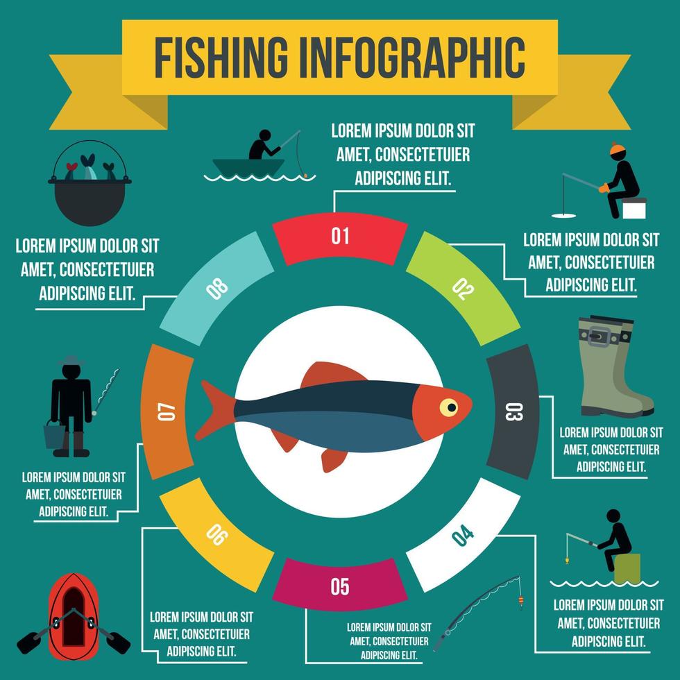 Fishing infographic elements, flat style vector