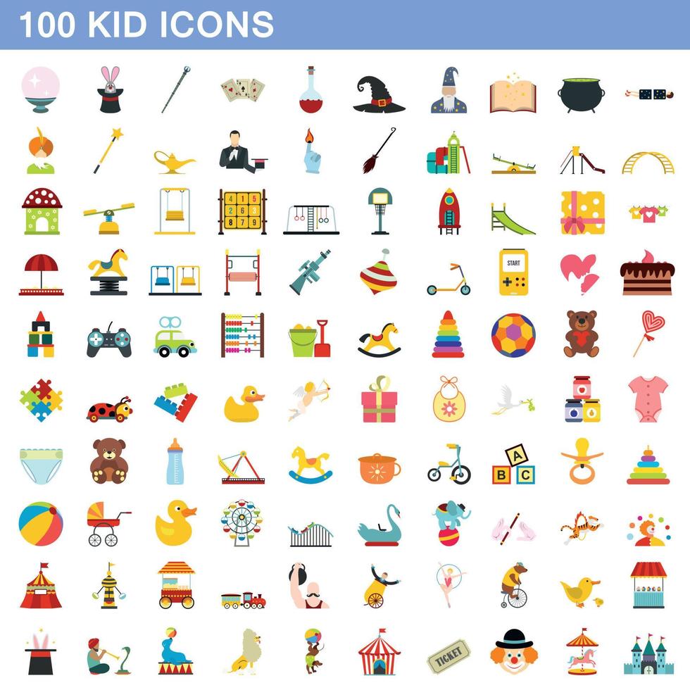 100 kid icons set, flat style vector