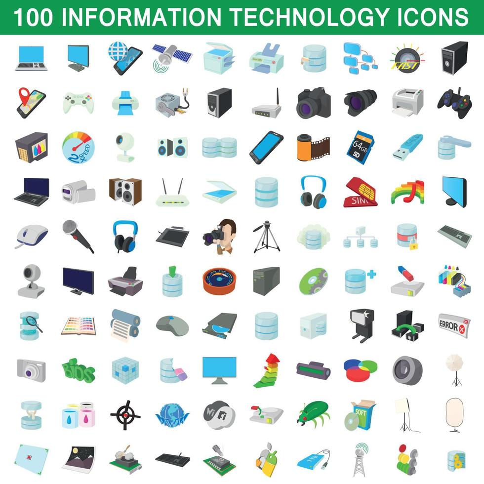 100 information technology icons set, cartoon style vector