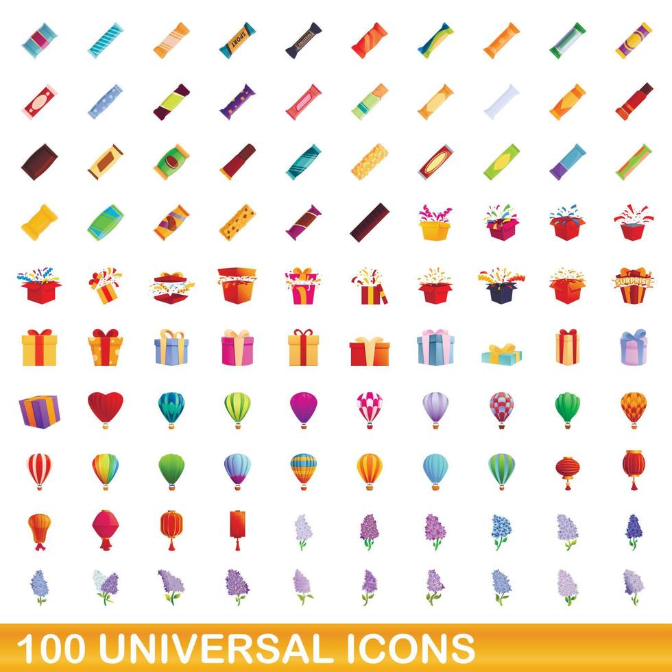 100 universal icons set, cartoon style vector