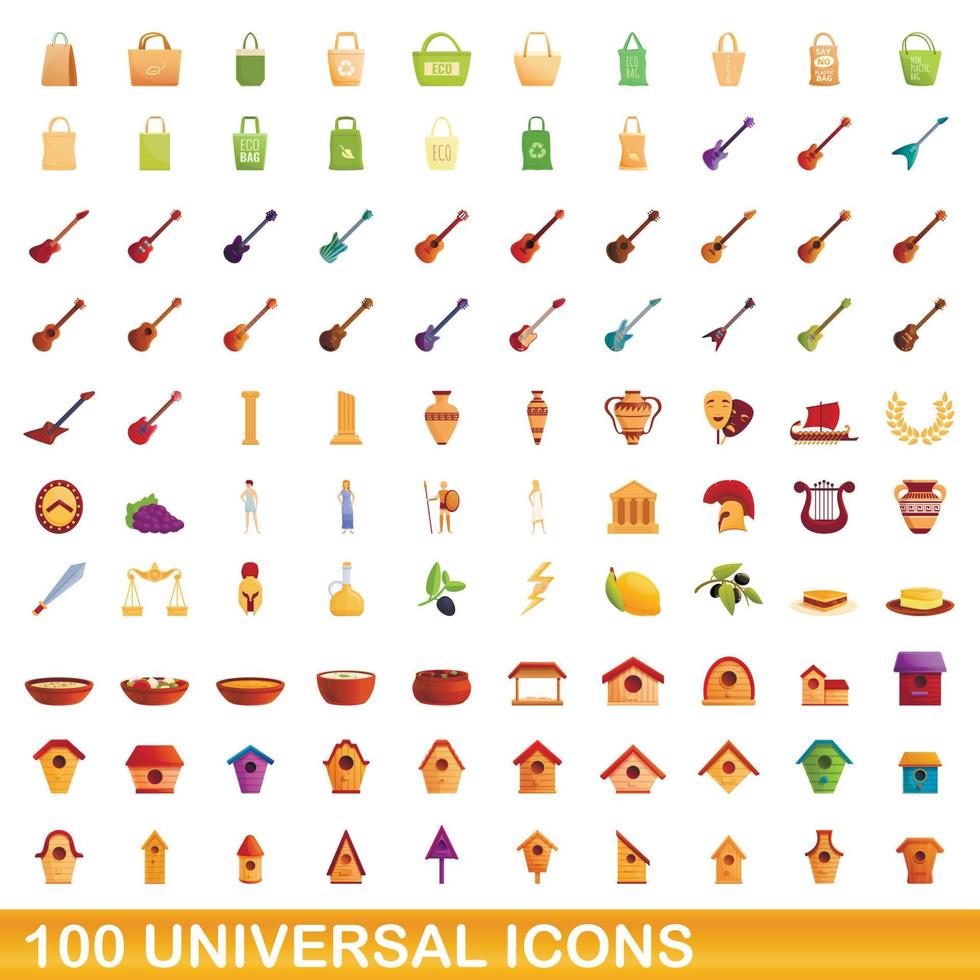 100 universal icons set, cartoon style vector