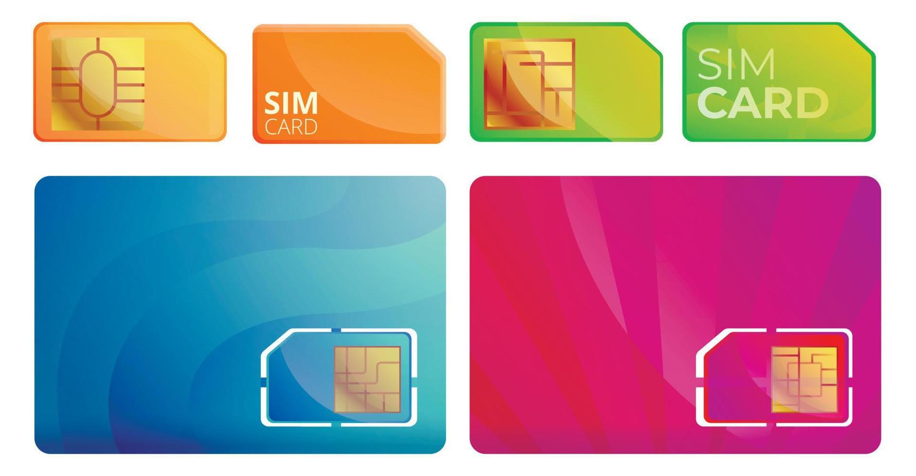 Sim phone card icons set, cartoon style vector