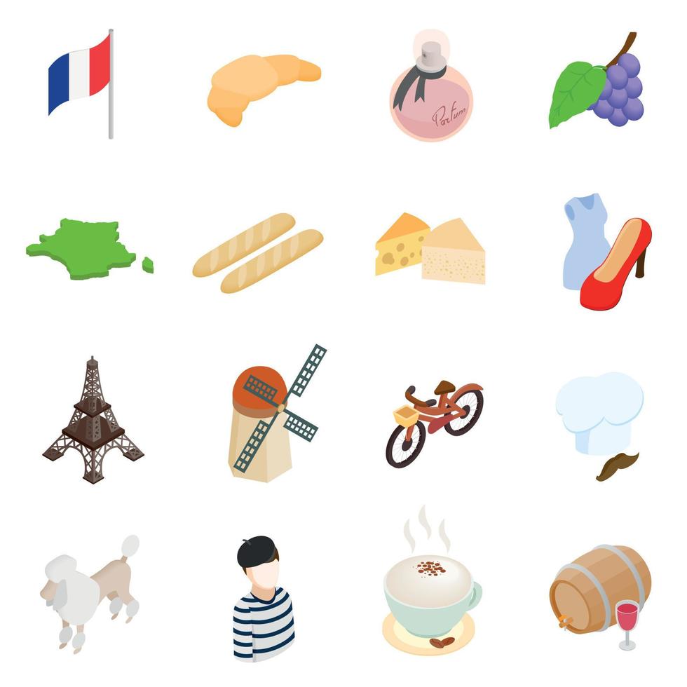 francia, isométrico, 3d, iconos vector