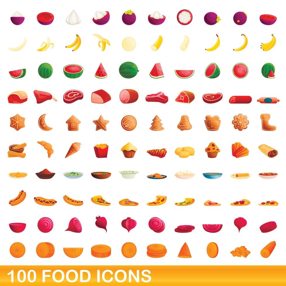 100 iconos de alimentos, estilo de dibujos animados vector