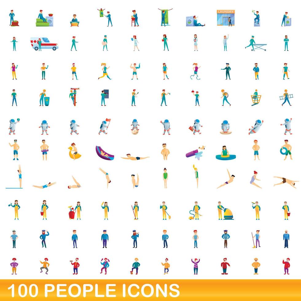 100 people icons set, cartoon style vector