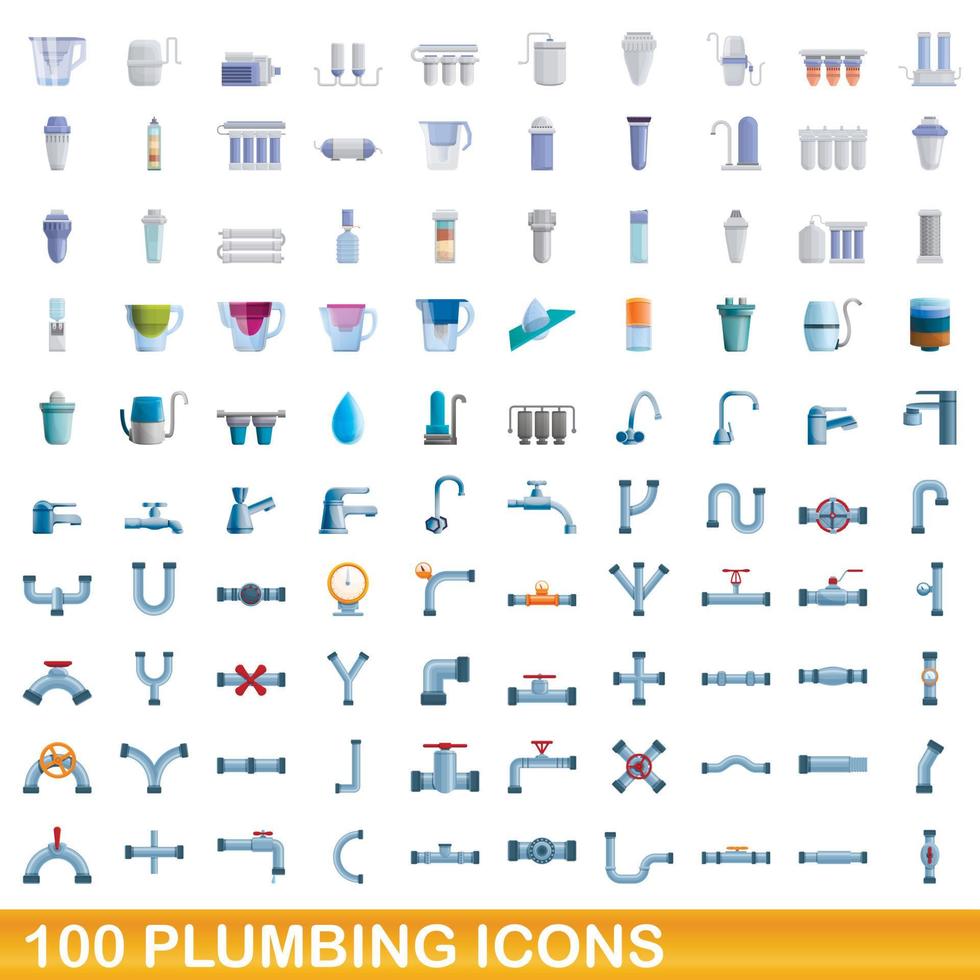 100 iconos de fontanería, estilo de dibujos animados vector