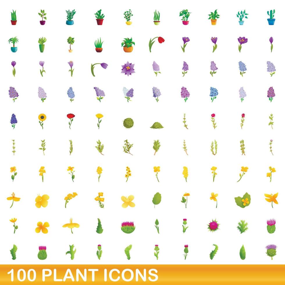 100 iconos de plantas, estilo de dibujos animados vector