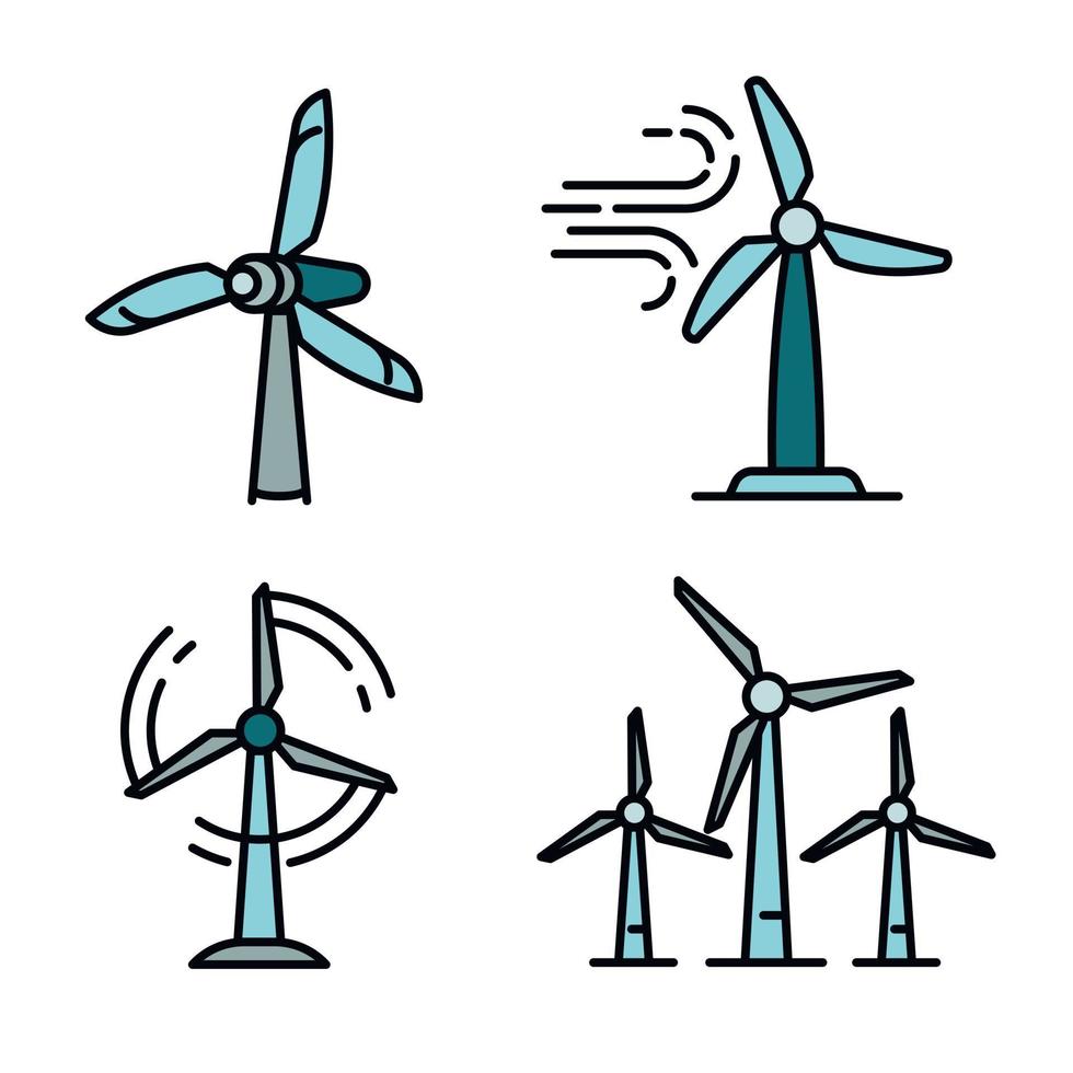 Wind turbine icons set, outline style vector