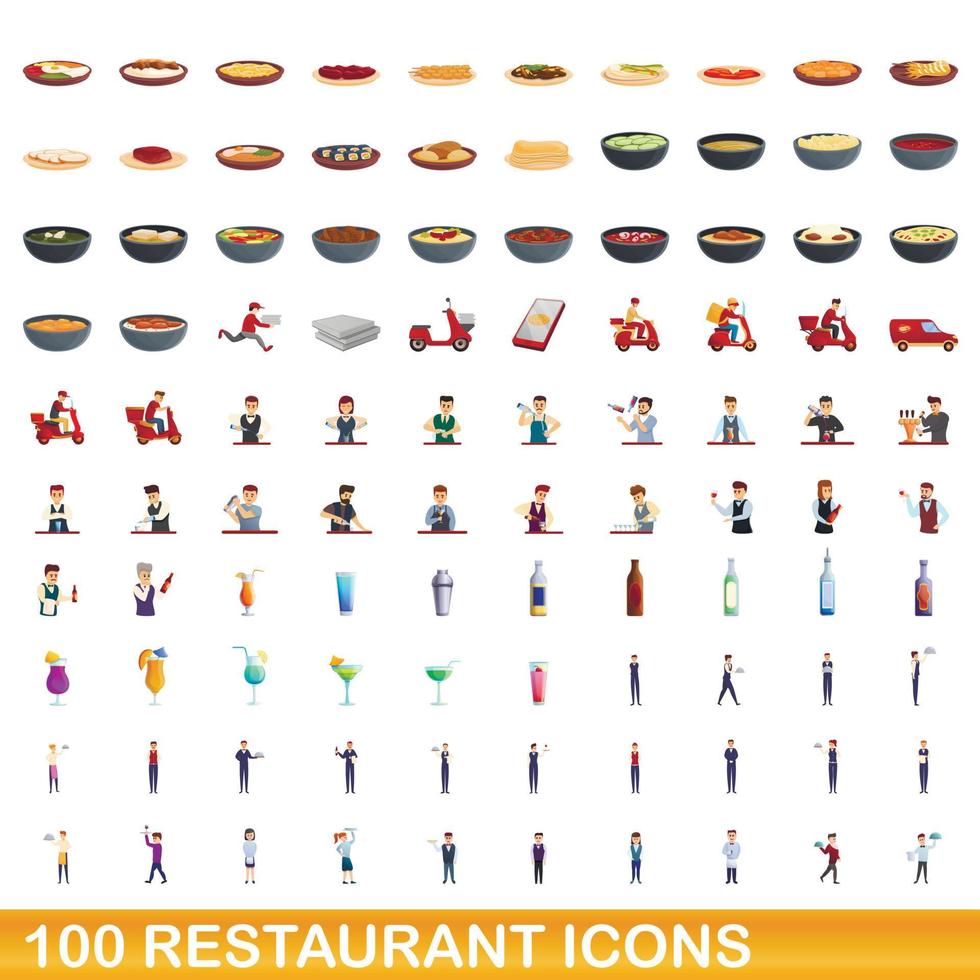 100 restaurante, conjunto de iconos de estilo de dibujos animados vector