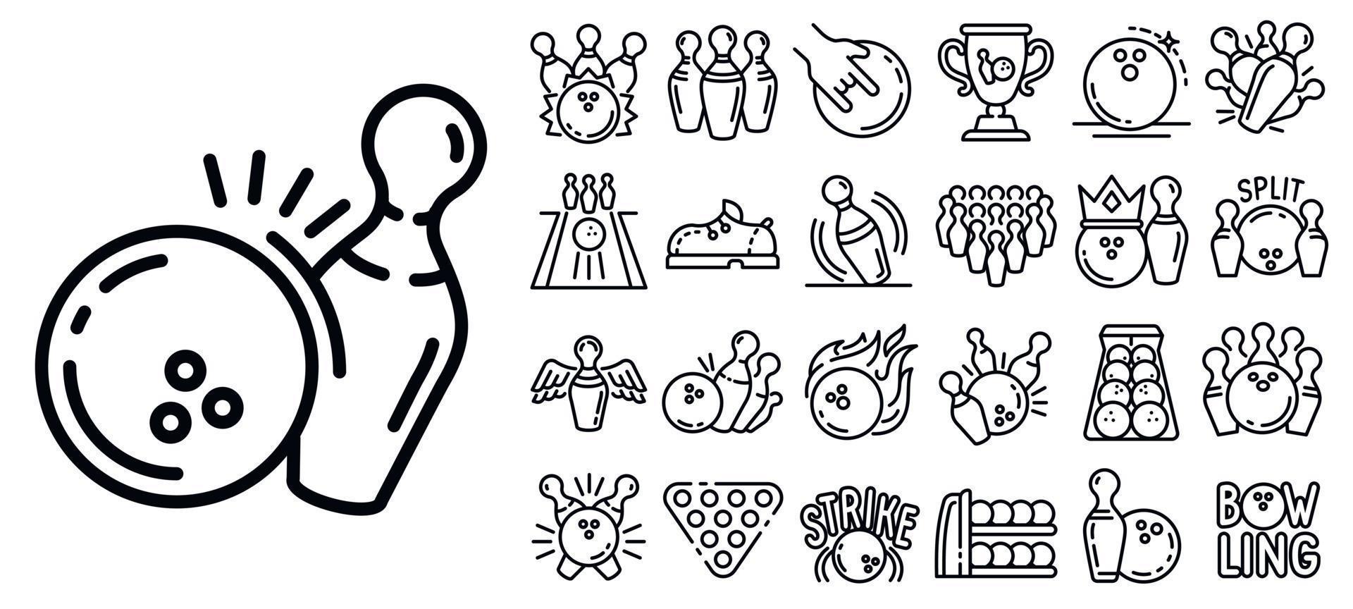 Bowling icon set, outline style vector