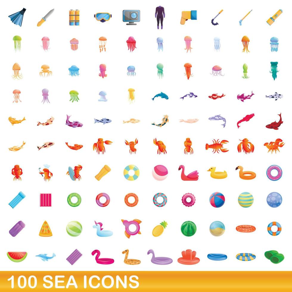 100 mar, conjunto de iconos de estilo de dibujos animados vector