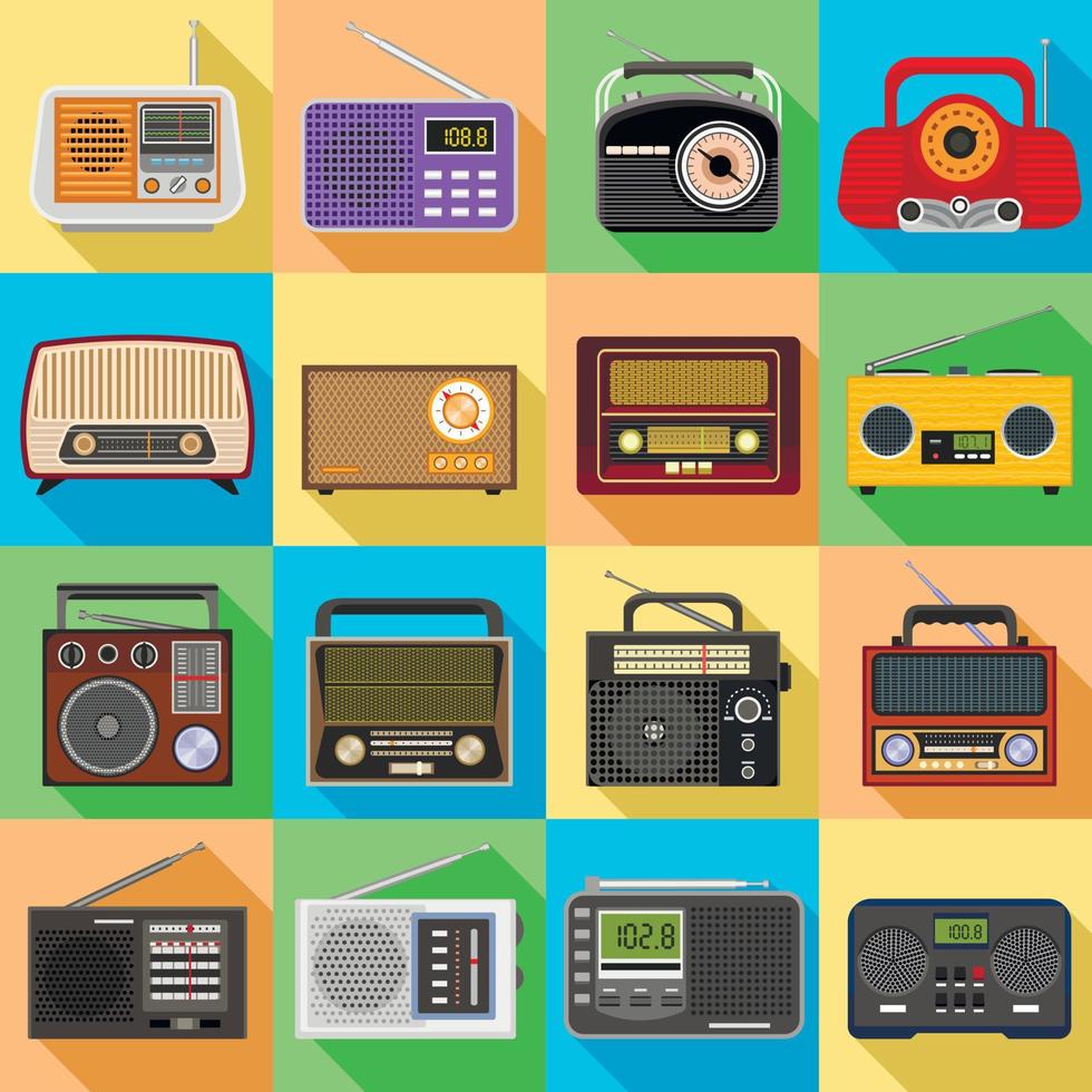 Radio icons set, flat style vector