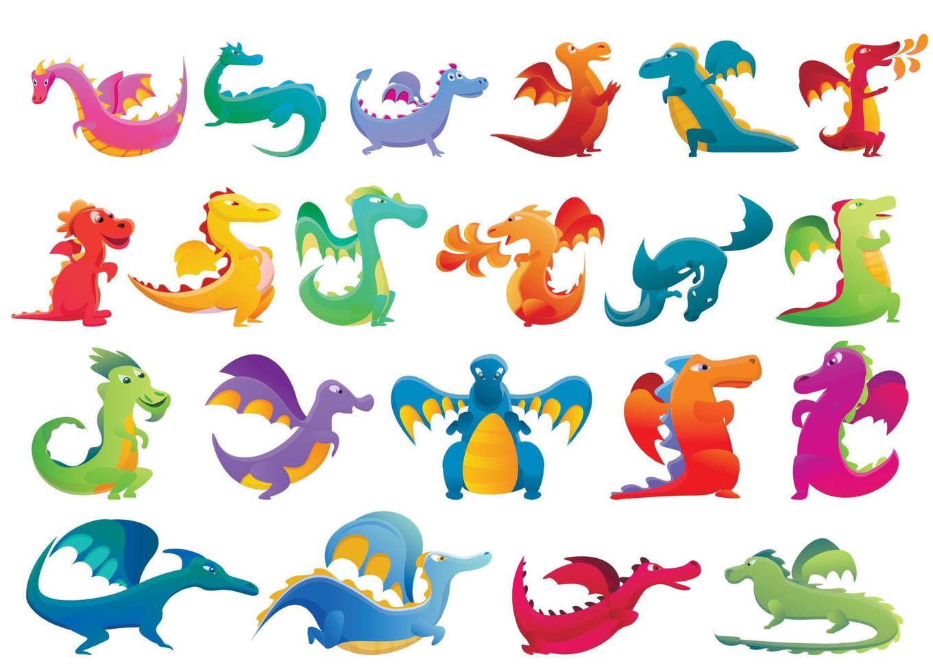 Dragon icons set, cartoon style vector