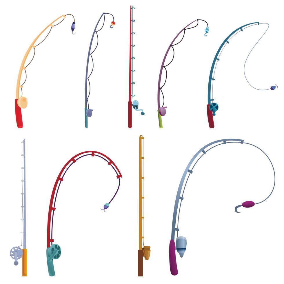 Fishing rod icons set, cartoon style vector