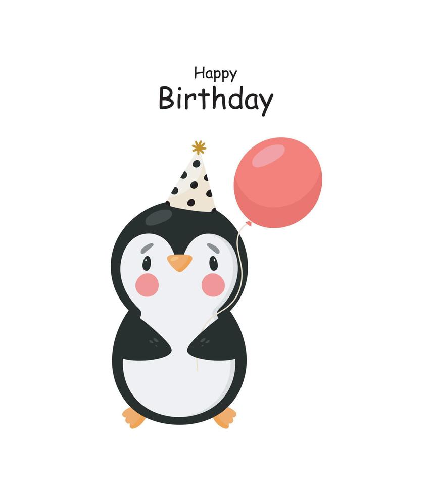 lindo pingüino con globo. estilo de dibujos animados ilustración vectorial para tarjetas, carteles, pancartas, libros, impresión en el paquete, impresión en ropa, tela, papel tapiz, textil o platos. vector