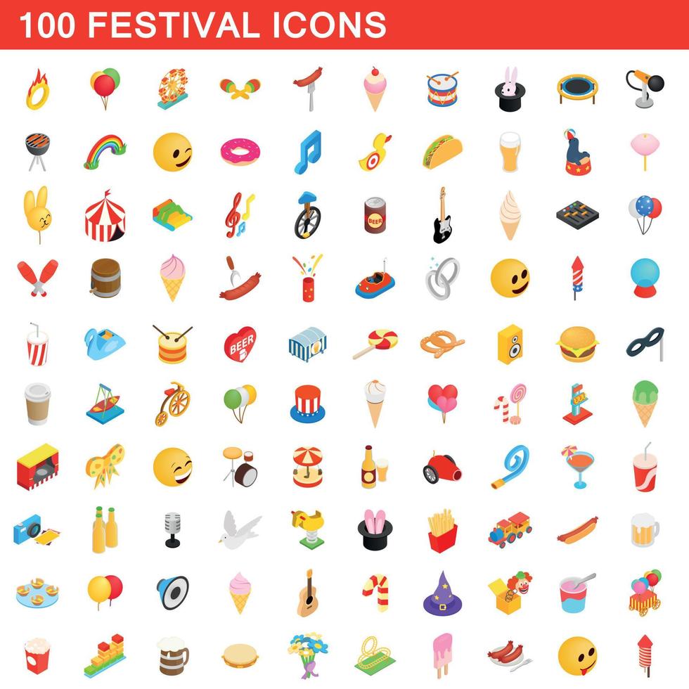 100 iconos del festival, estilo isométrico 3d vector