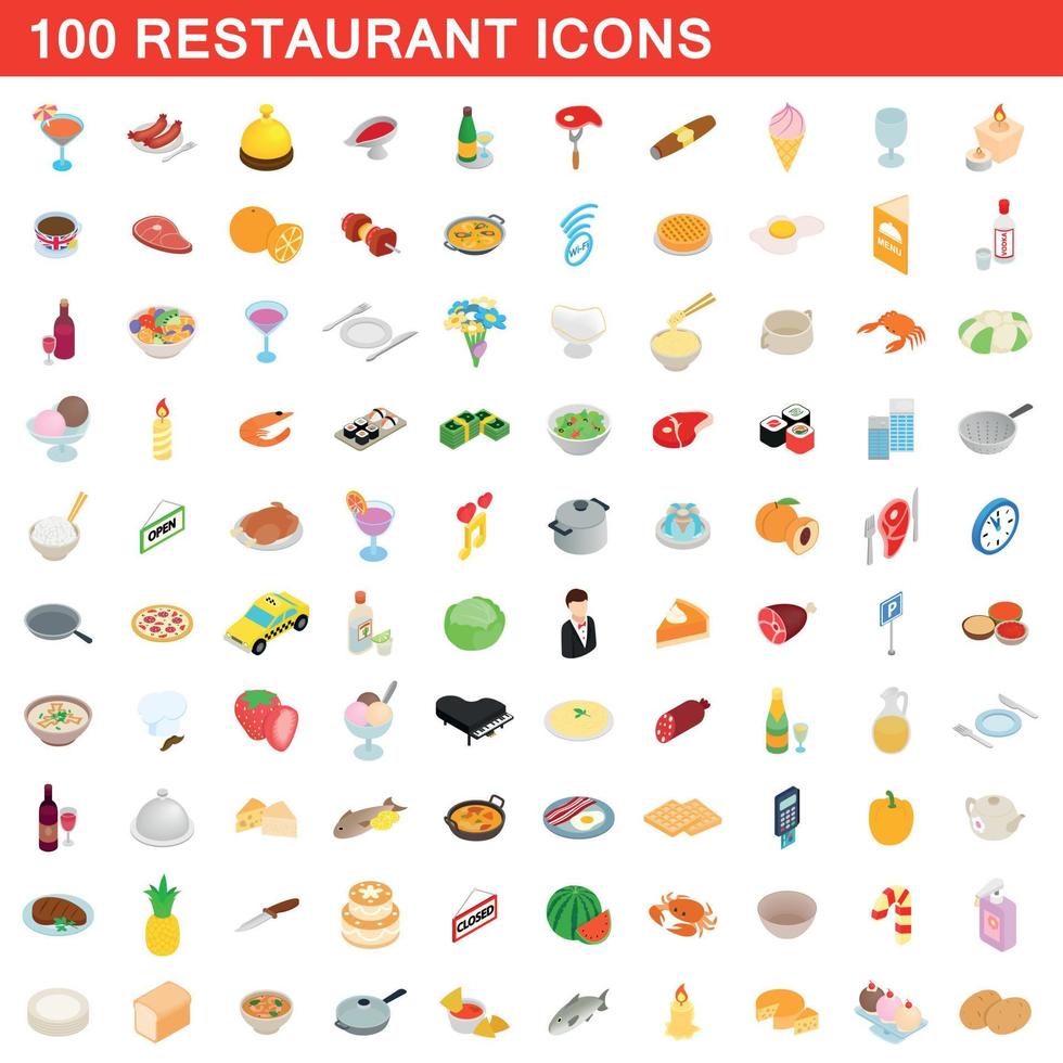 100 restaurant icons set, isometric 3d style vector