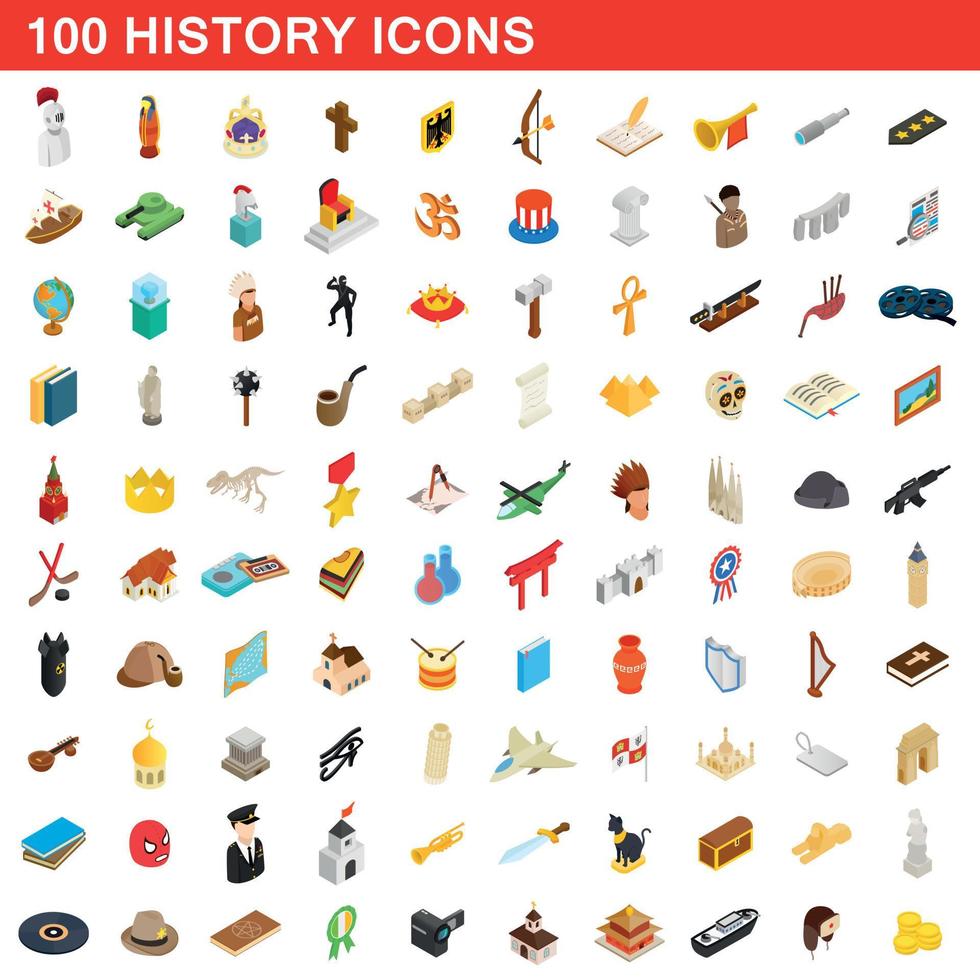 100 history icons set, isometric 3d style vector