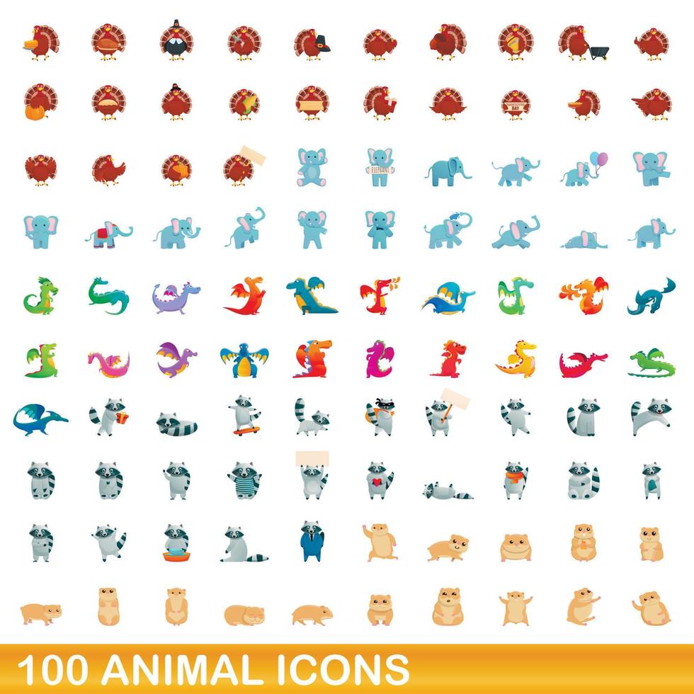 100 animales, conjunto de iconos de estilo de dibujos animados vector