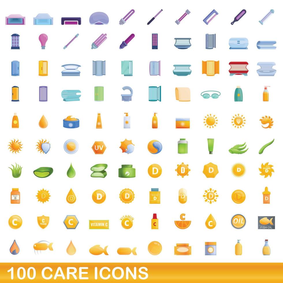 100 iconos de cuidado, estilo de dibujos animados vector