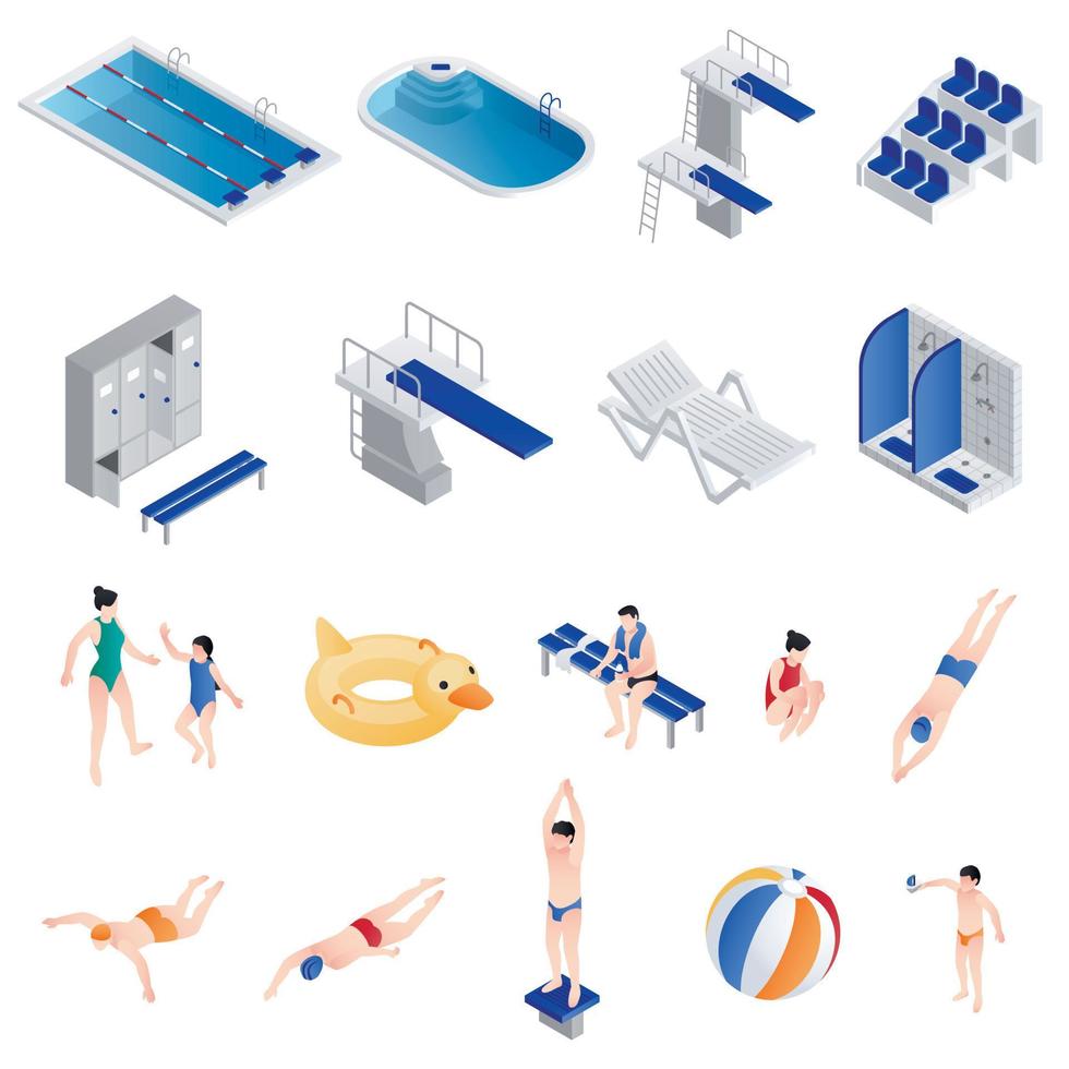 conjunto de iconos de equipo de piscina, estilo isométrico vector