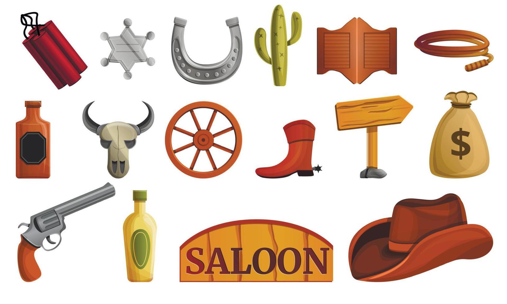 Saloon icon set, cartoon style vector