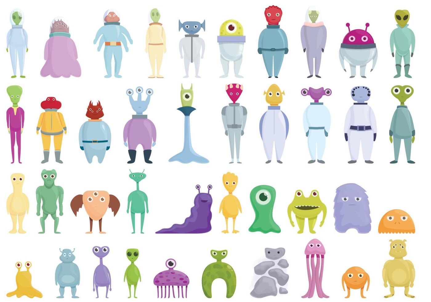 Space aliens icons set cartoon vector. Rocket asteroid vector