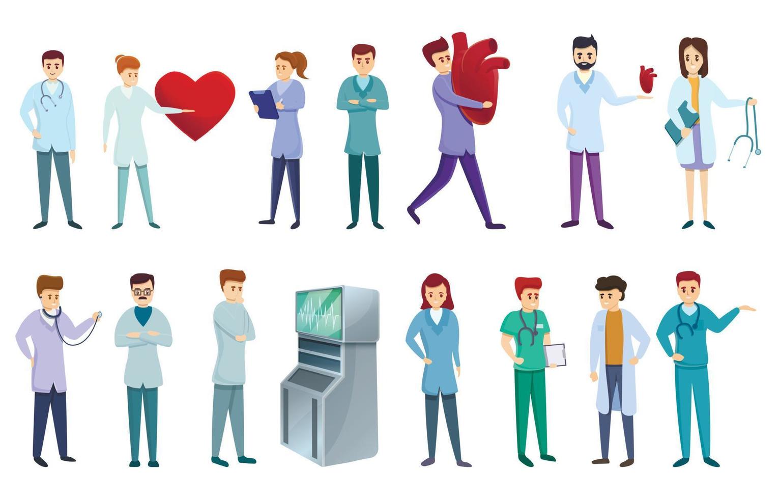 Cardiologist icons set, cartoon style vector