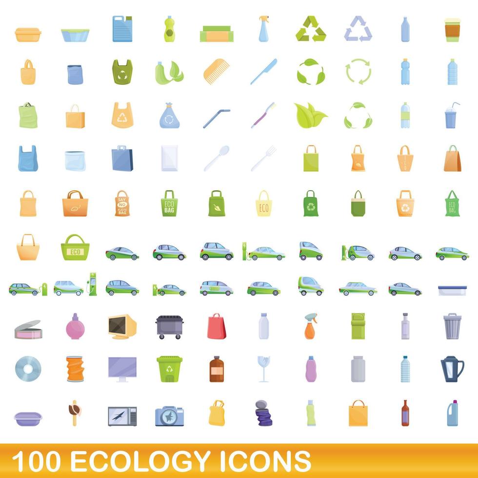 100 iconos de ecología, estilo de dibujos animados vector