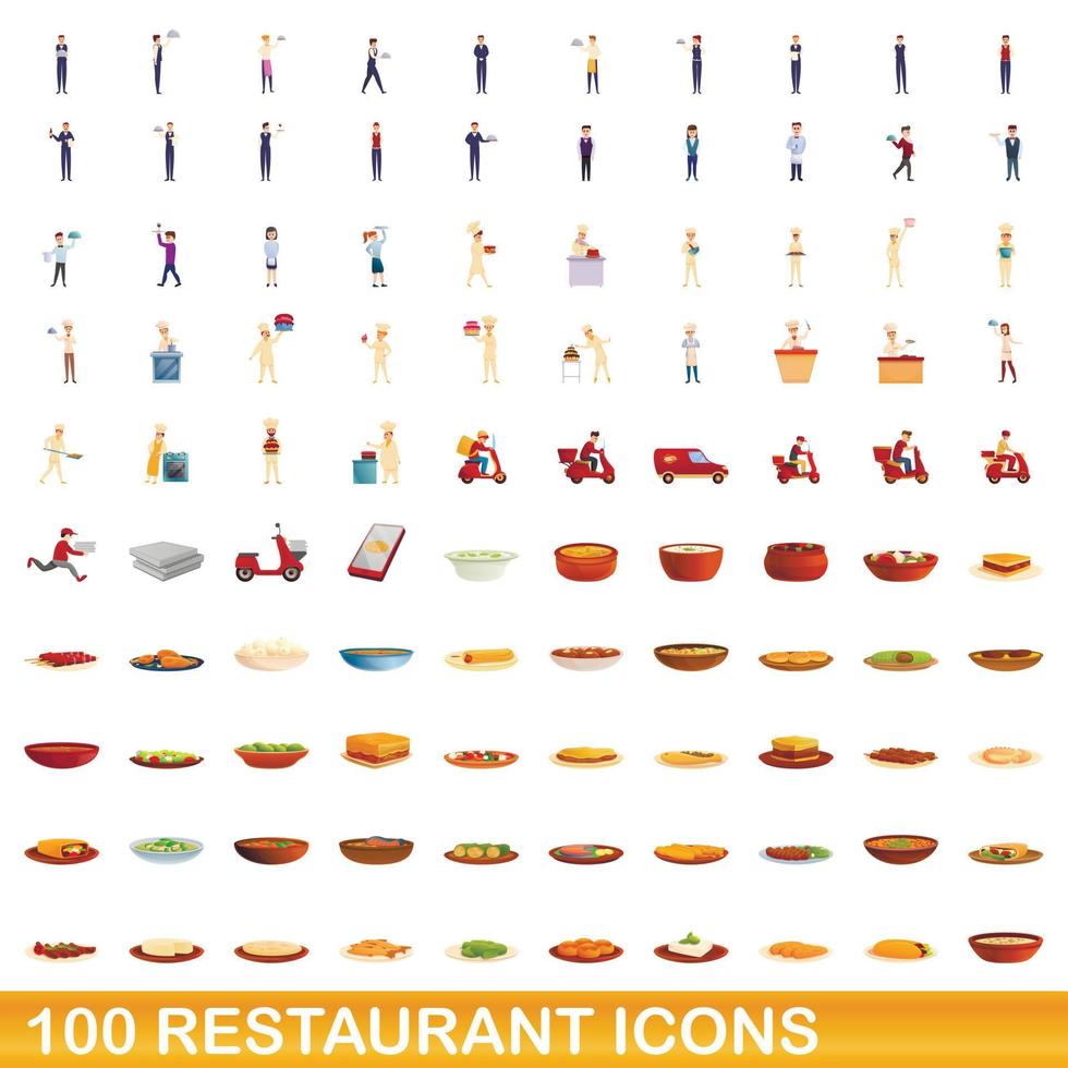 100 restaurant icons set, cartoon style vector