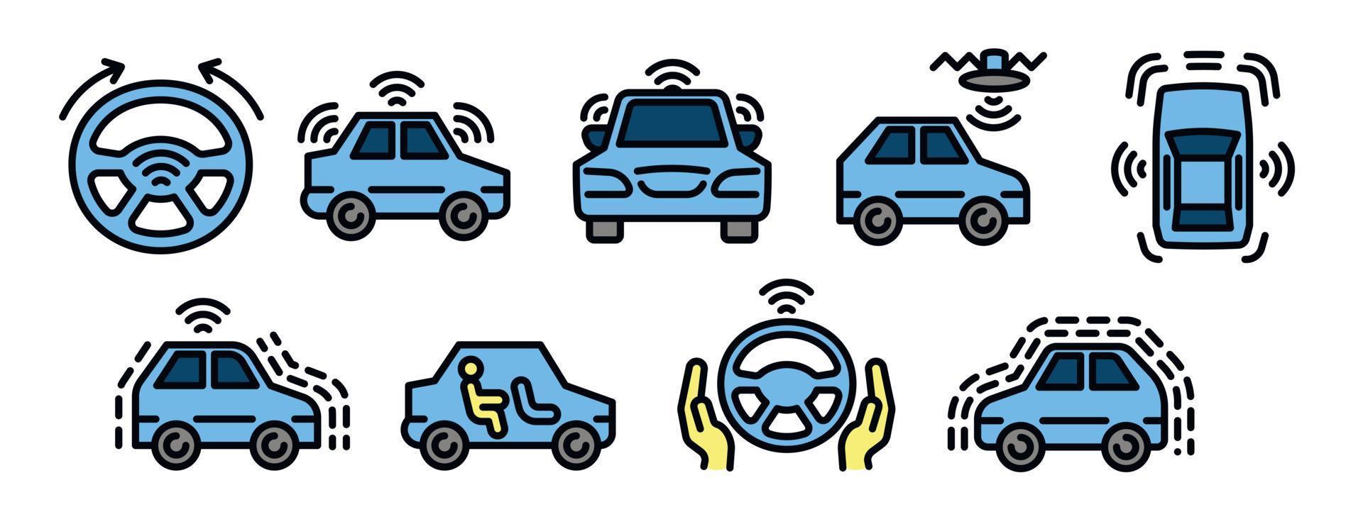 Driverless car icons set, outline style vector