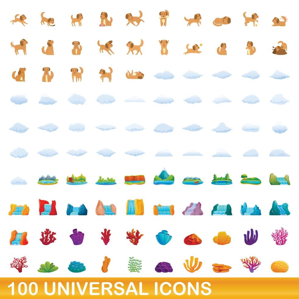 100 universal icons set, cartoon style vector