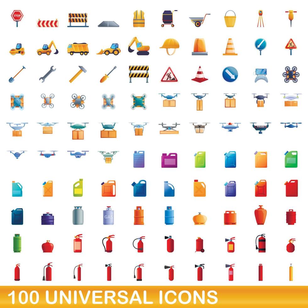 100 universal icons set, cartoon style vector