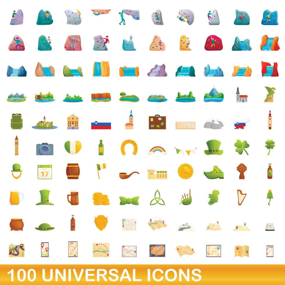 100 universal icons set, cartoon style vector
